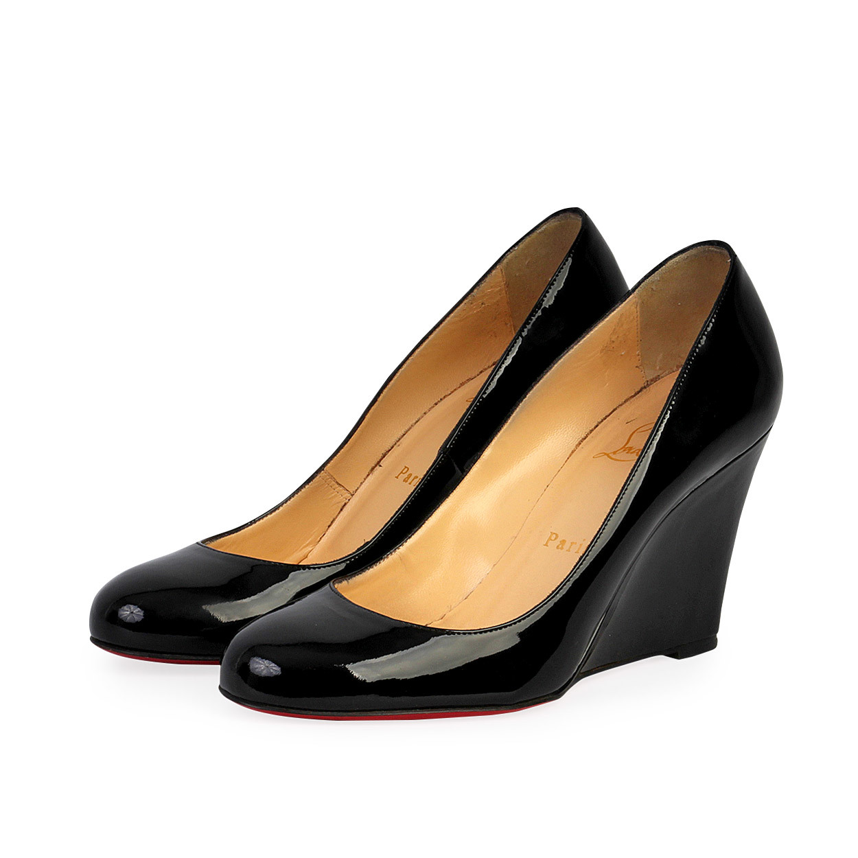 CHRISTIAN LOUBOUTIN Patent Leather Ron Ron Zeppa Wedge Pumps Black Luxity