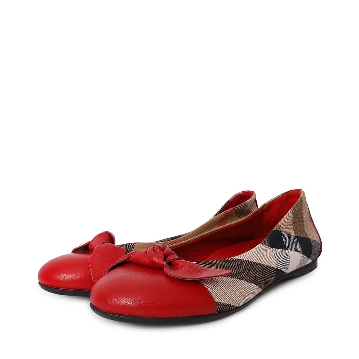 BURBERRY Kids Leather Check Ballerina Flats Beige Red Luxity