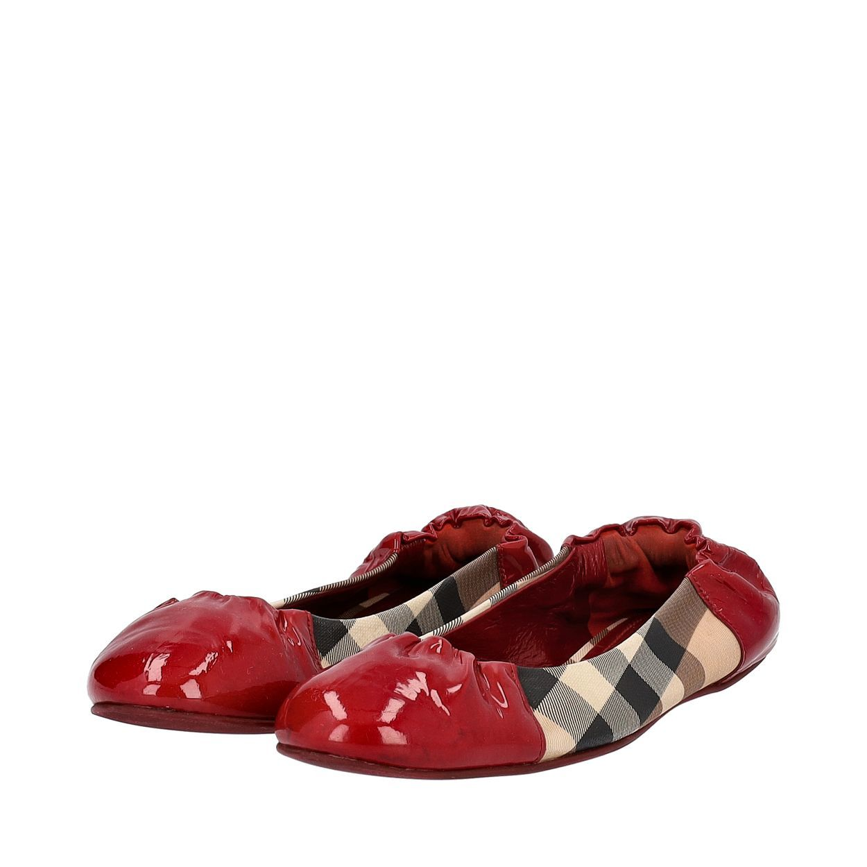 BURBERRY Patent Nova Check Ballerina Flats Burgundy Luxity