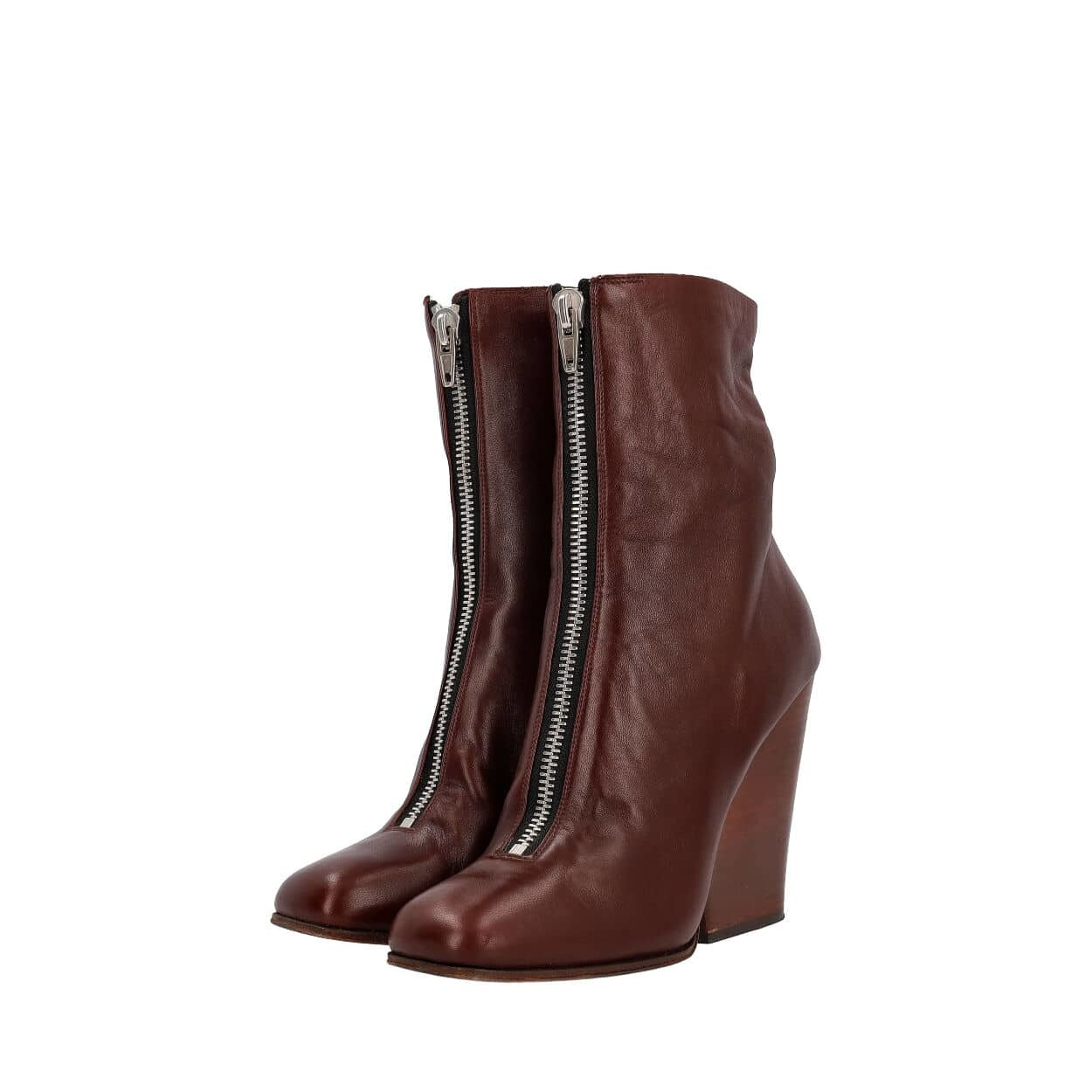 CELINE Leather Front Zip Wedge Boots Burgundy Luxity