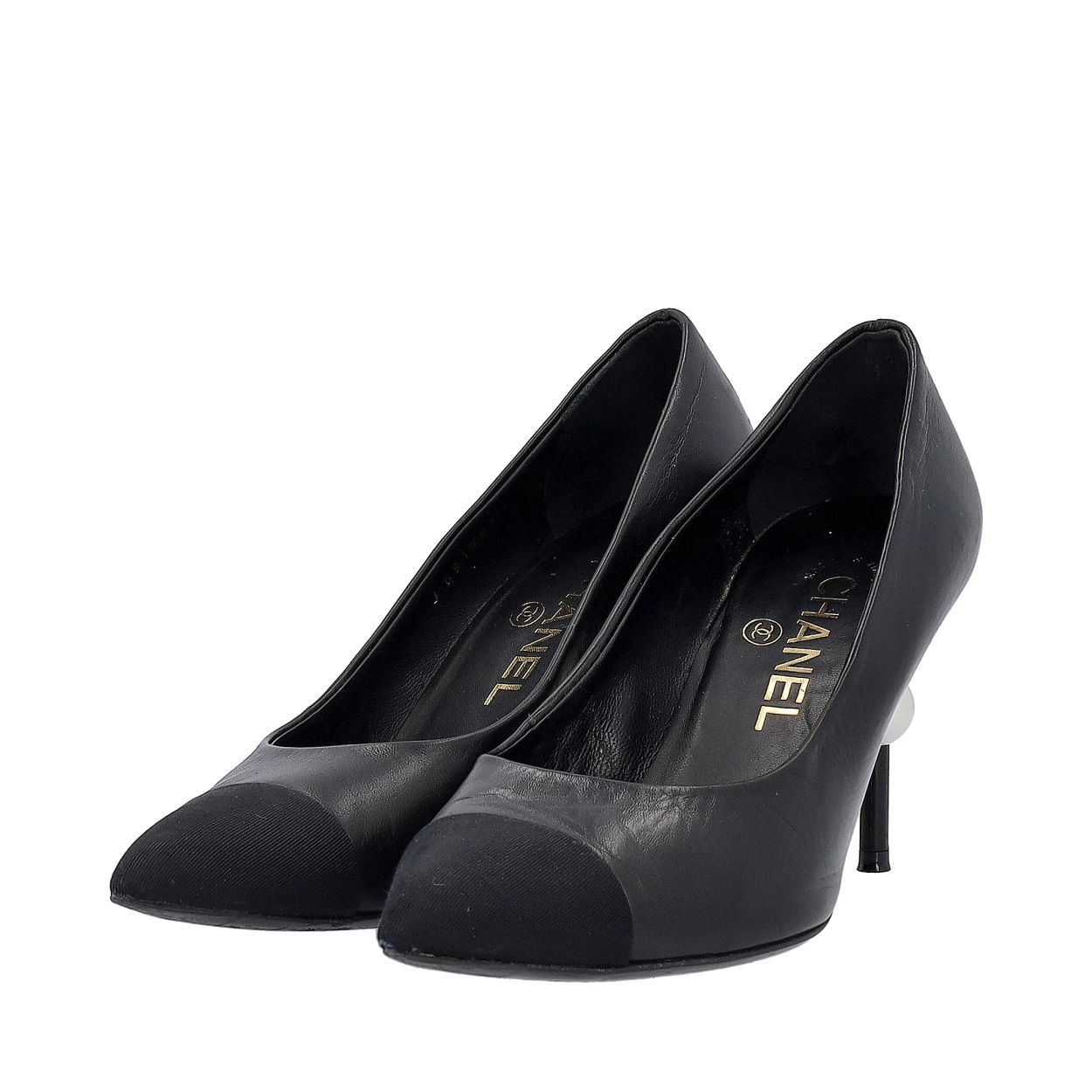 CHANEL Leather Pearl Heel Pumps Black Luxity