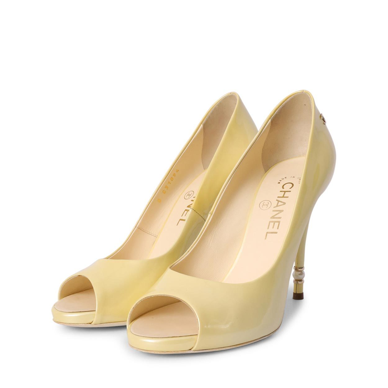 CHANEL Patent Pearl Heel Peep Toe Pumps Light Yellow Luxity