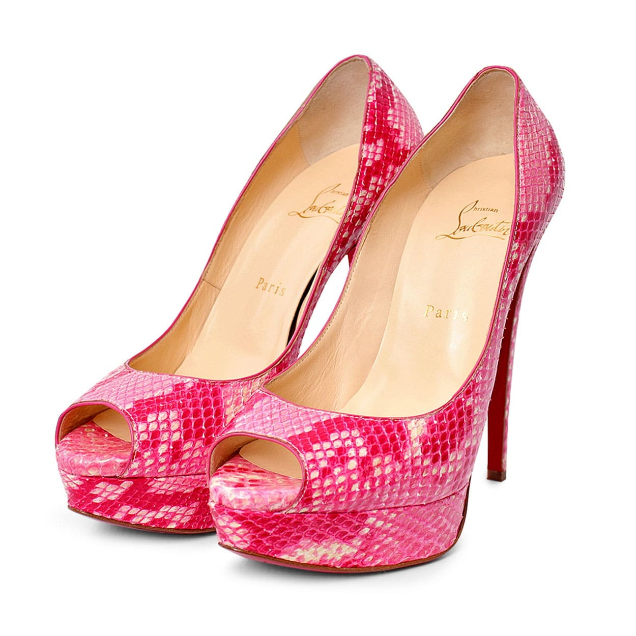 CHRISTIAN LOUBOUTIN Python Lady Peep Toe Pumps Pink Luxity