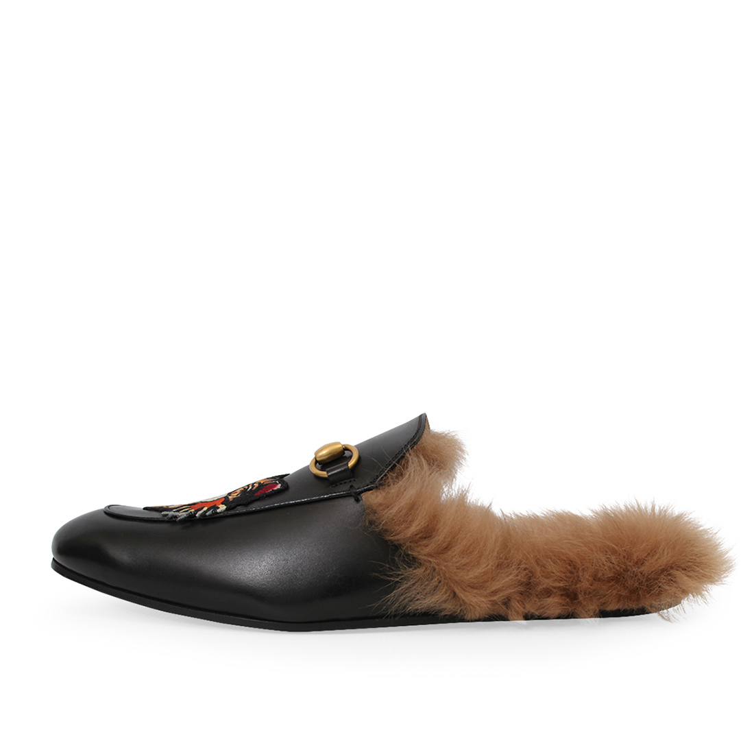 GUCCI Leather Tiger Princetown Fur Mules Black Luxity