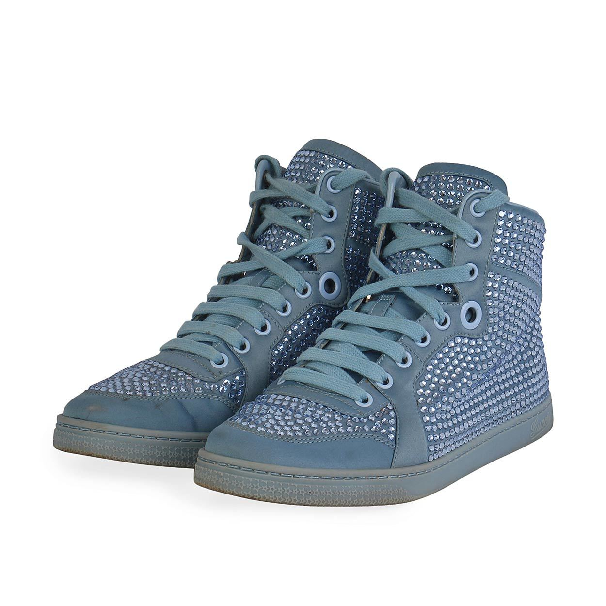 GUCCI Satin Crystal Stud High Top Sneakers Blue Luxity