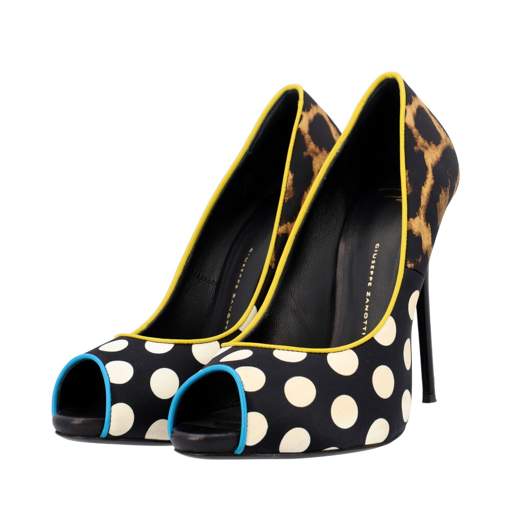 GIUSEPPE ZANOTTI Satin Peep Toe Pumps Polka Dot Leopard Luxity