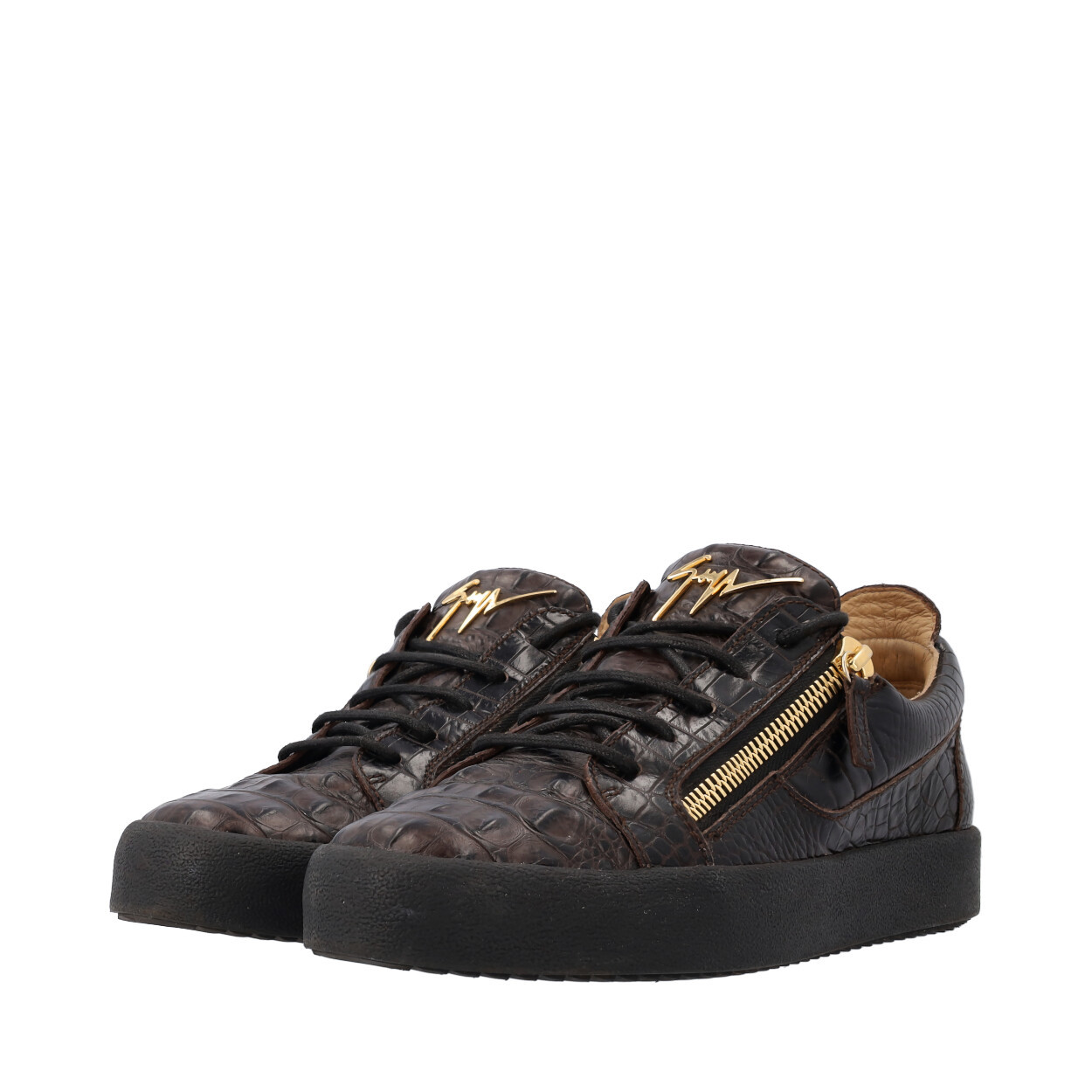 GIUSEPPE ZANOTTI Leather Croc Embossed Frankie Sneakers Brown | Luxity