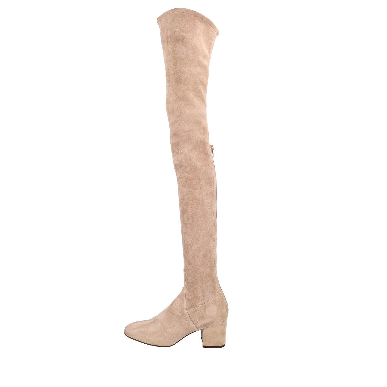 VALENTINO Suede Stretch Thigh High Boots Beige Luxity