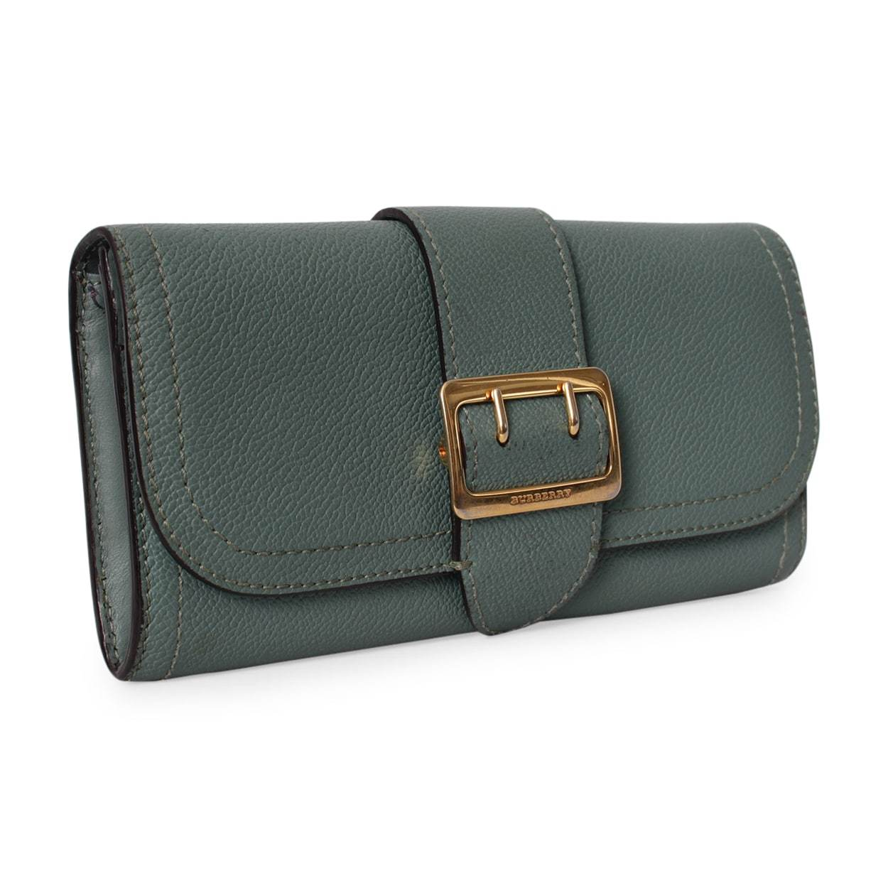 BURBERRY Leather Buckle Flap Wallet Green Luxity