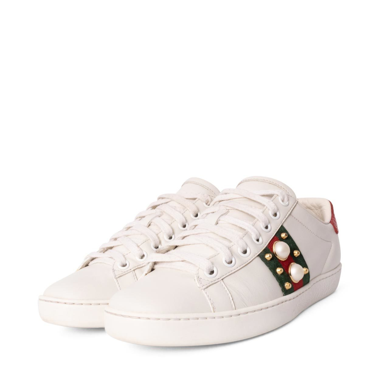 GUCCI Leather Ace Faux Pearl Spike Sneakers White Luxity